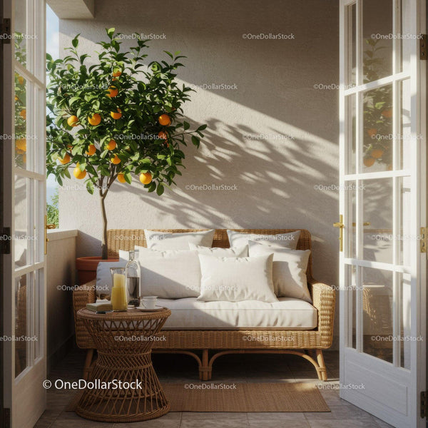 Cozy sunlit balcony with wicker furniture and orange tree