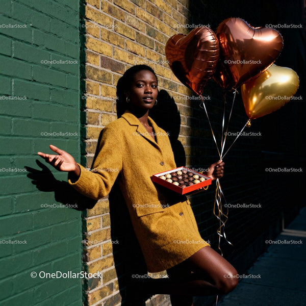 Woman with heart balloons and chocolate box by brick wall