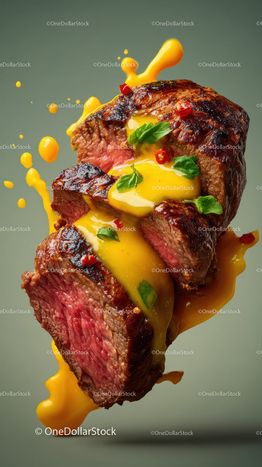 Juicy Rare Steak with Egg Yolk and Fresh Herbs Close-Up