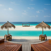 Tropical Beach with Palm Thatched Umbrellas and Lounge Chairs