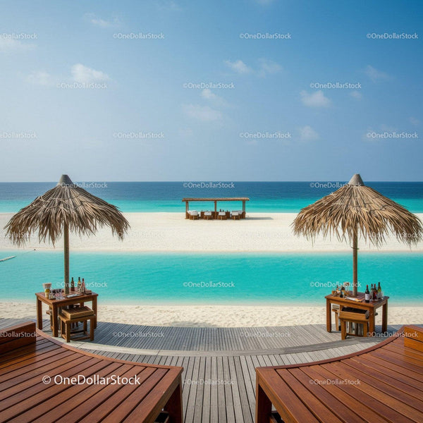 Tropical Beach with Palm Thatched Umbrellas and Lounge Chairs