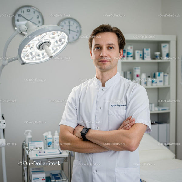 Mężczyzna lekarz stojący w klinice z wyposażeniem medycznym i jasnym oświetleniem