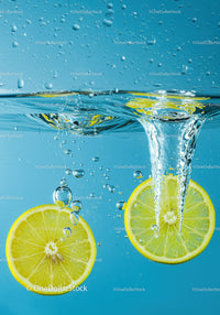 Fresh lemon slices plunging into clear blue water