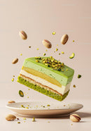 Floating layered pistachio mousse cake with nuts