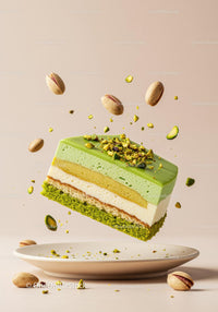 Floating layered pistachio mousse cake with nuts