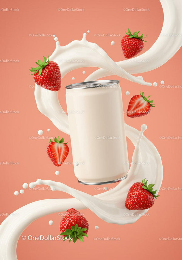 Refreshing strawberry and milk splash with can JPG Mockup Image