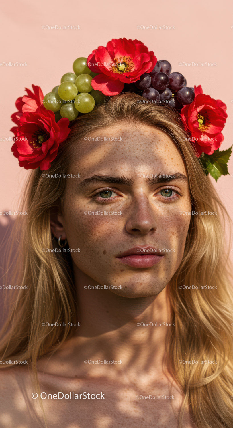 Beautiful Woman Wearing Floral Crown with Red Alstroemeria and Grape Flowers