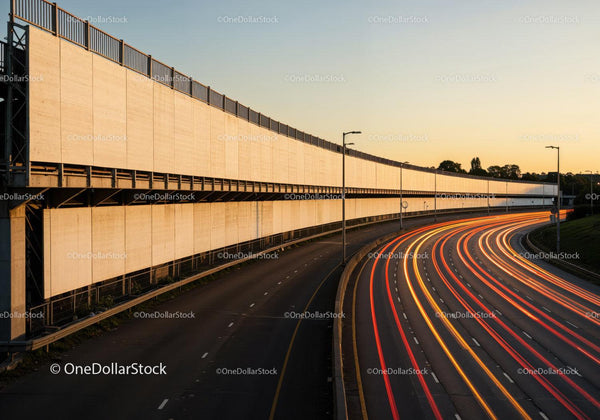 City Highway with Light Trails and Modern Overpass at Dusk JPG Mockup Image