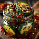 Vibrant Spicy Cucumber Kimchi in Glass Jar with Fresh Vegetables