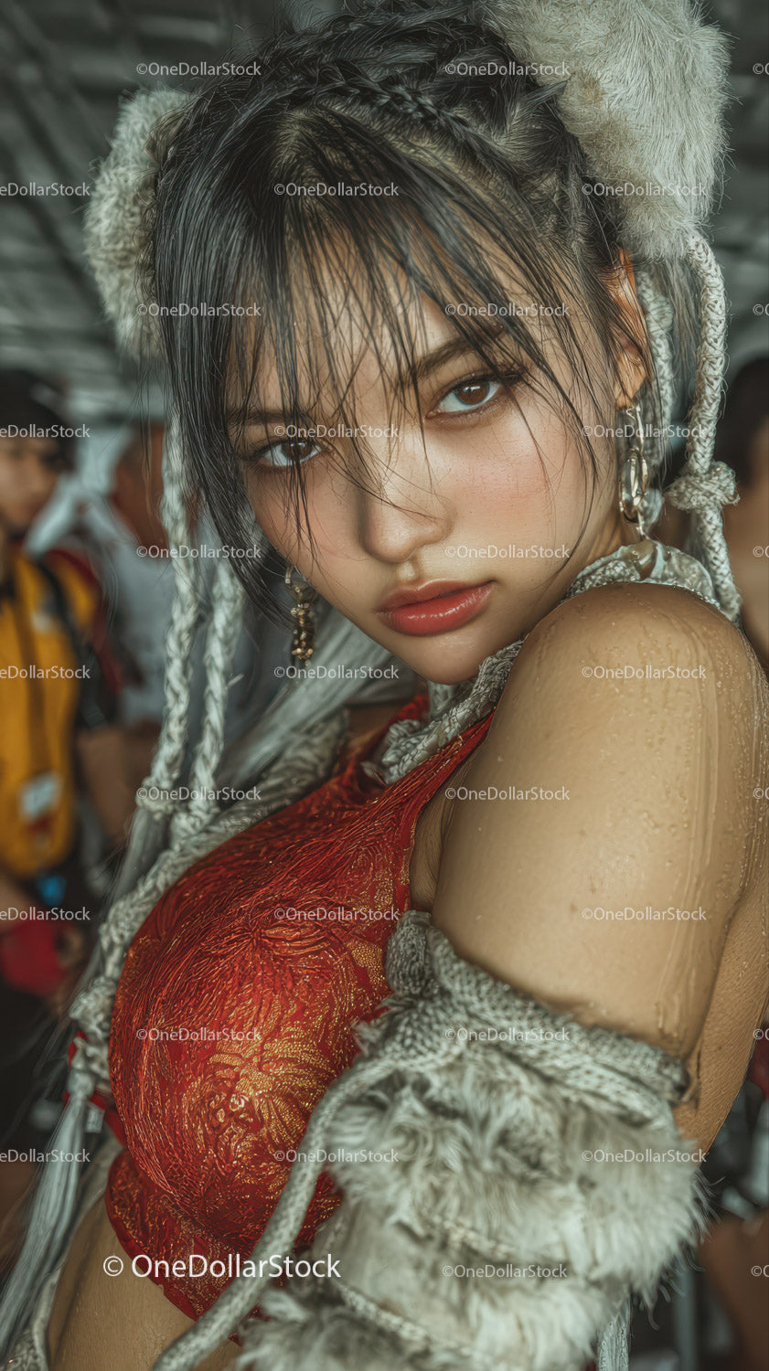 Portrait of a Young Woman in Traditional Red Dress with Water Droplets