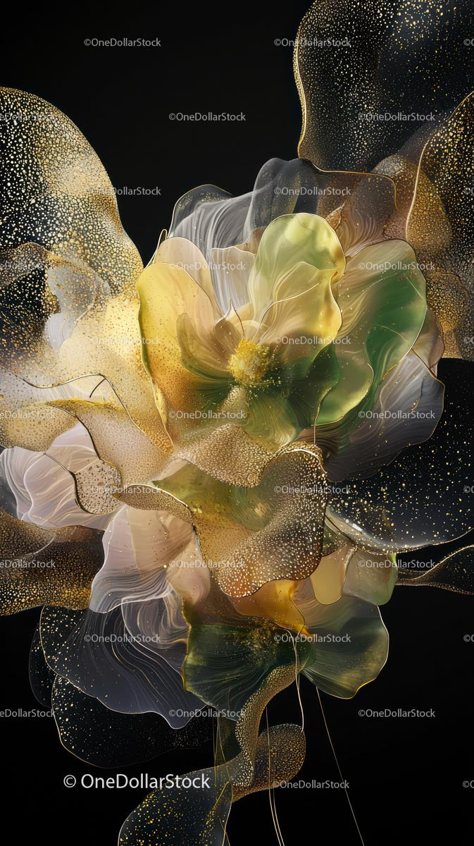 Elegant Gold and Green Abstract Floral Digital Artwork for Decor