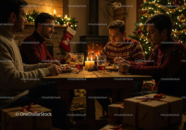 Friends enjoying cozy holiday dinner by fireplace