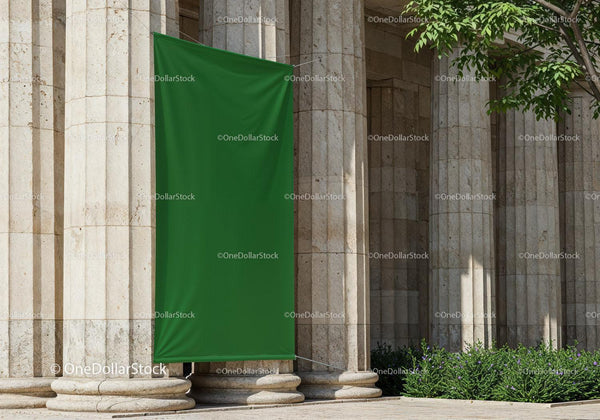 Ancient Stone Columns with Blank Green Banner Outdoors JPG Mockup Image