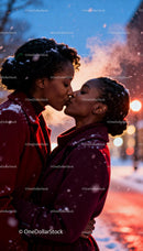 Loving couple sharing a tender winter kiss outdoors
