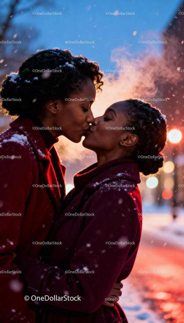 Loving couple sharing a tender winter kiss outdoors