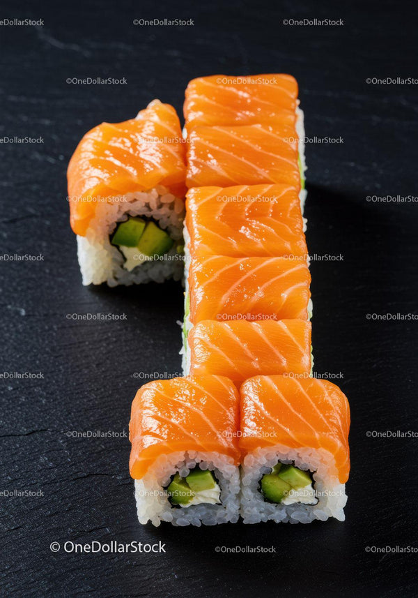 Fresh salmon sushi rolls with cucumber and rice on black slate
