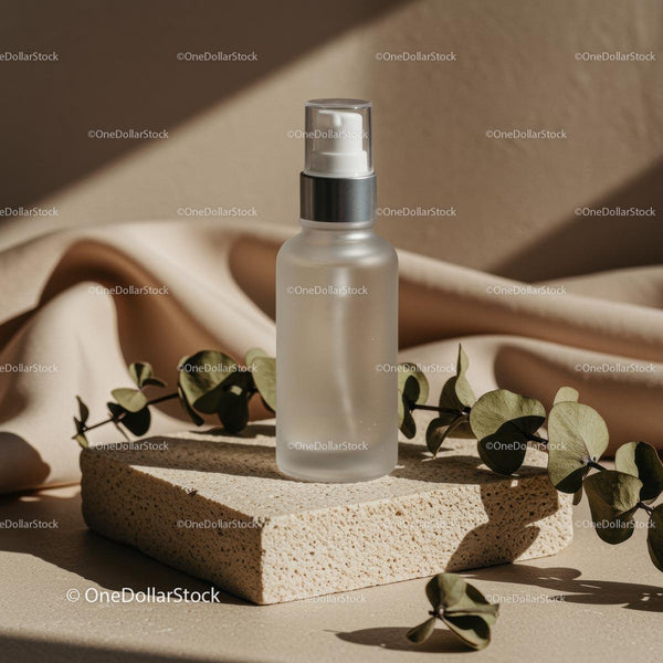 Elegant Skincare Spray with Eucalyptus Leaves on Soft Fabrics JPG Mockup Image