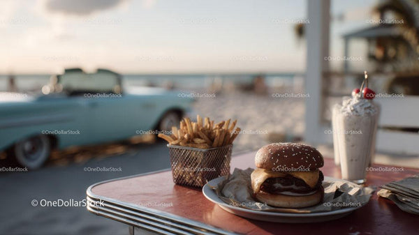 Beachside American Cheeseburger and French Fries with Milkshake