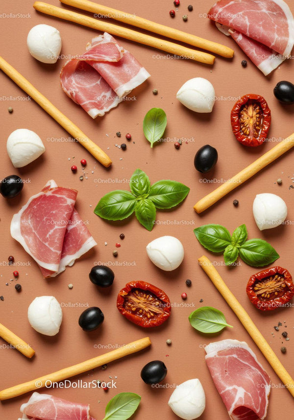 Italian antipasto ingredients with prosciutto and basil leaves