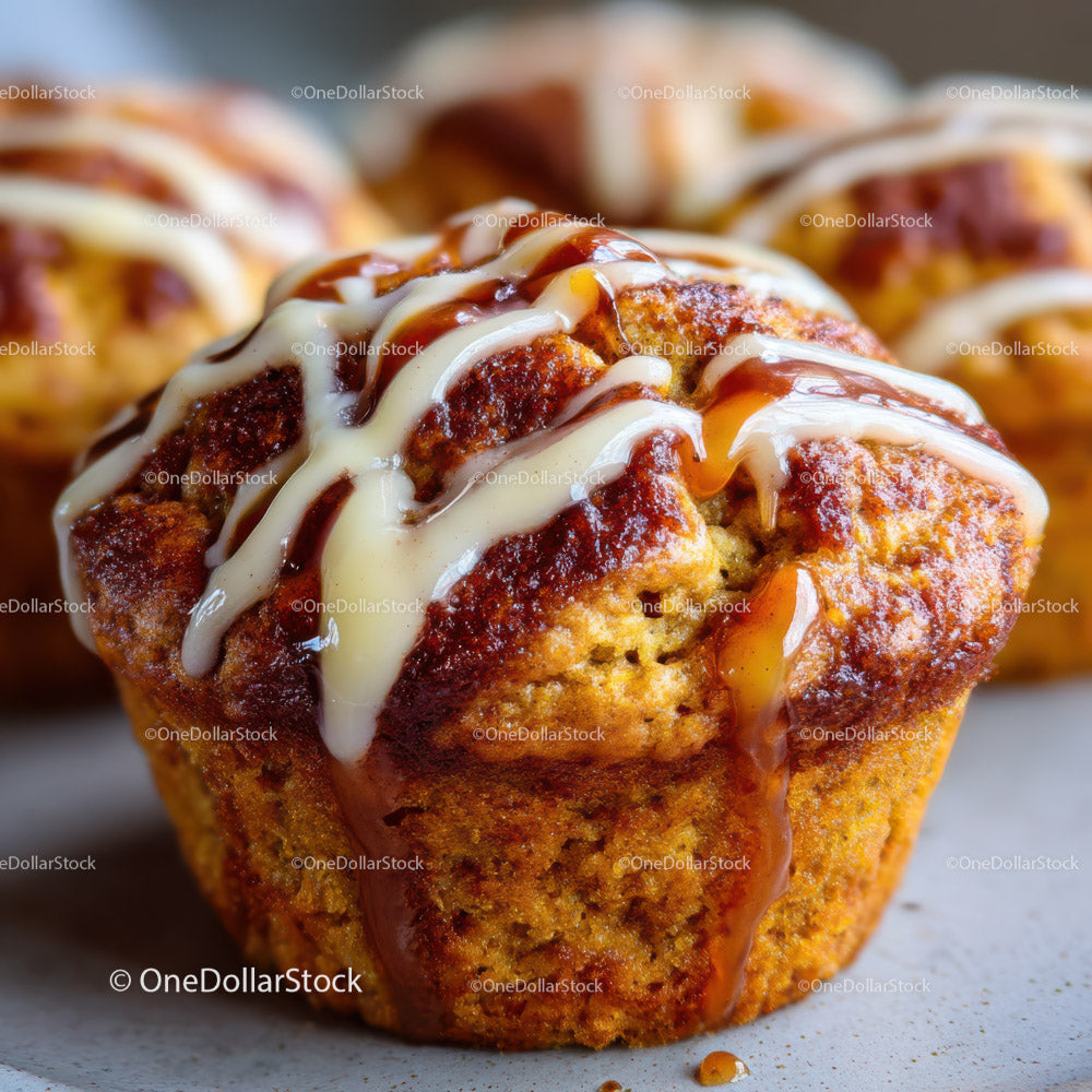 Close-Up of Delicious Cinnamon Roll with Icing and Caramel Drizzle