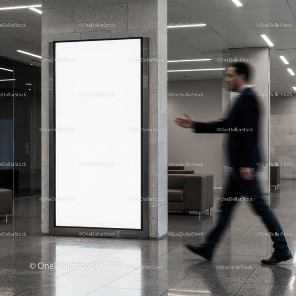 Businessman Walking Past Blank Digital Advertisement Poster JPG Mockup Image