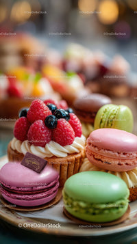 Colorful Assorted Macarons and Dessert Cupcake Display