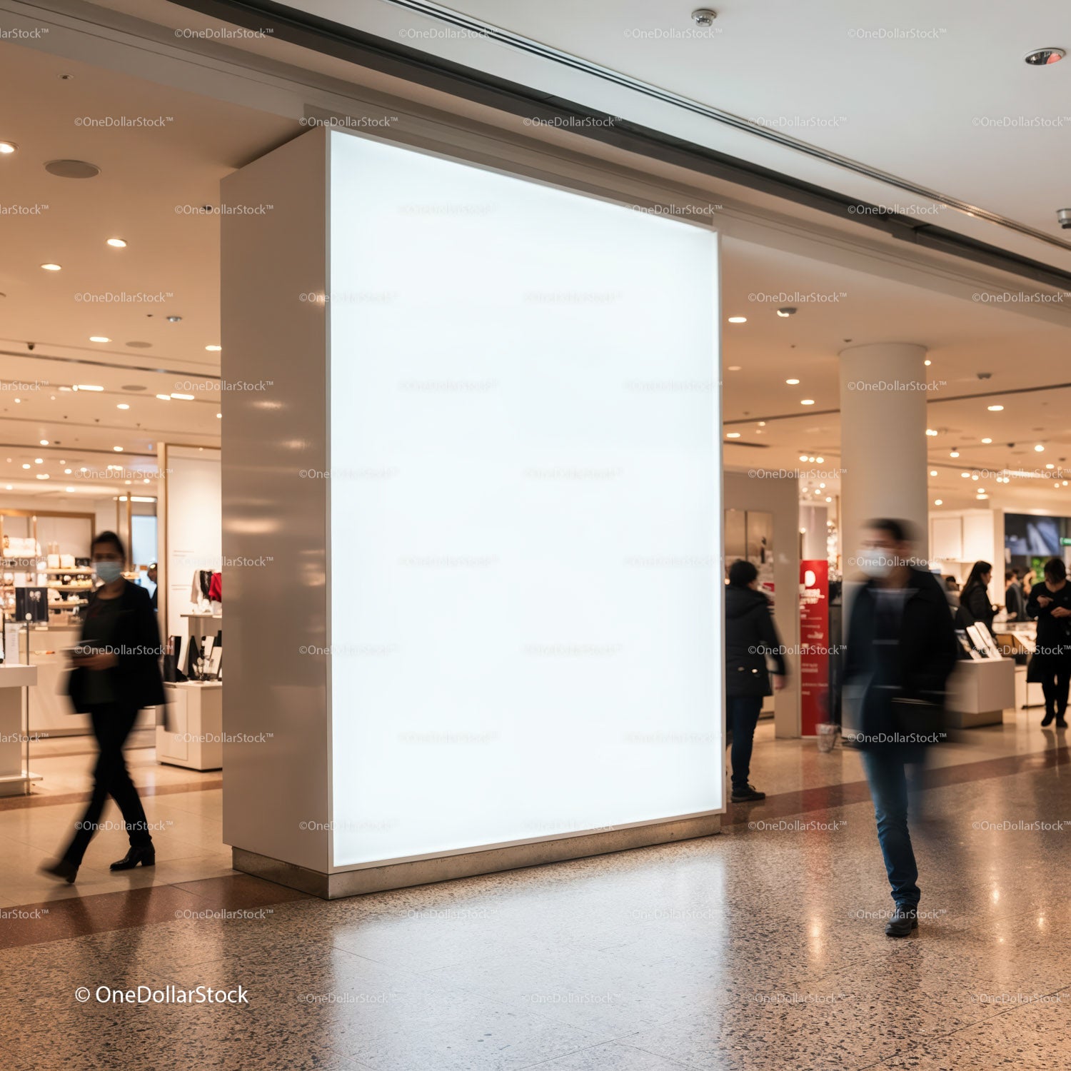 Blank White Advertising Board in Busy Shopping Mall