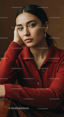 Portrait of fashionable young woman with hoop earrings and red sweater