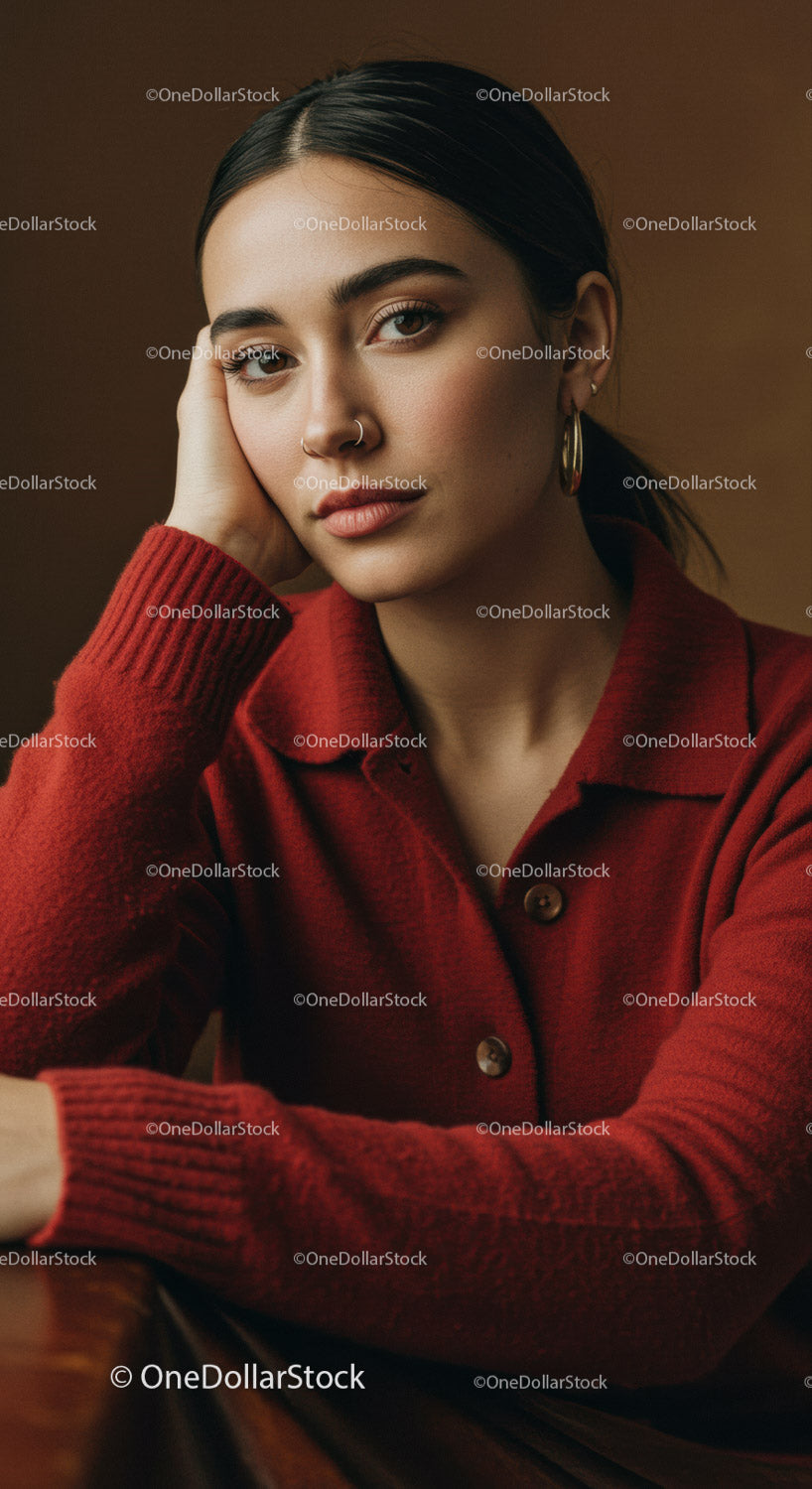 Portrait of fashionable young woman with hoop earrings and red sweater