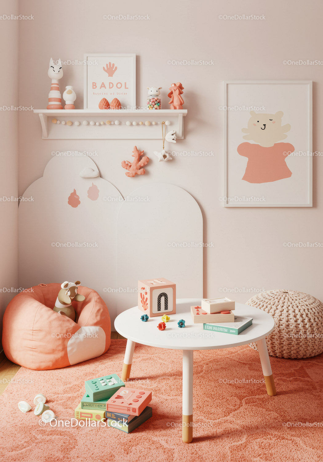 Cute Pink and White Kids Room with Plush Toys and Wall Art