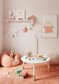 Cute Pink and White Kids Room with Plush Toys and Wall Art