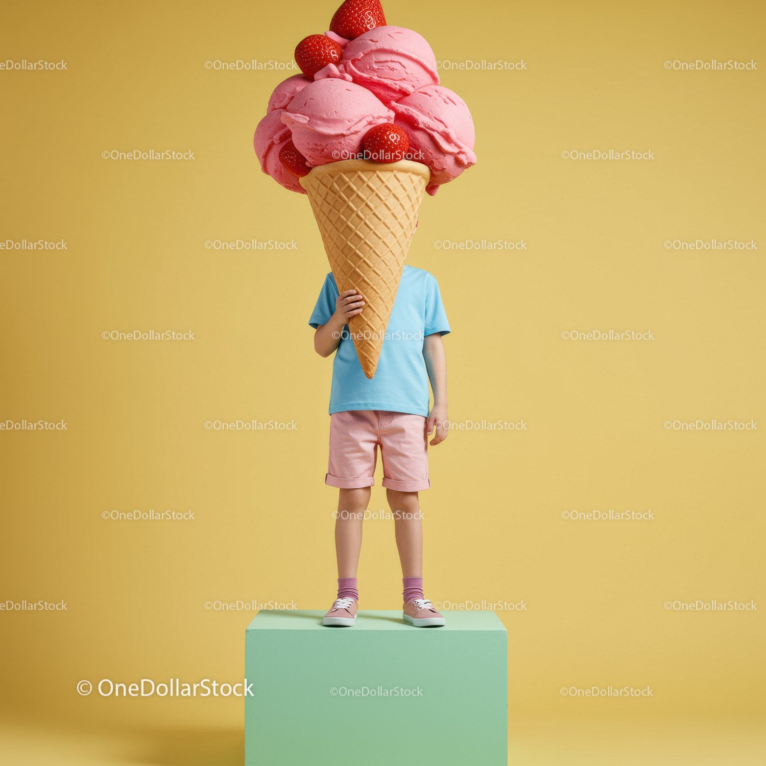Child holding oversized strawberry ice cream cone prop