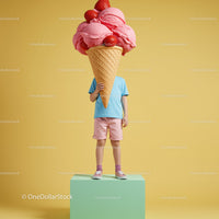 Child holding oversized strawberry ice cream cone prop