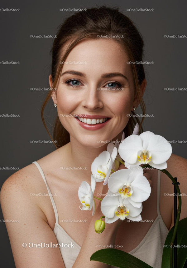 Beautiful Smiling Woman Holding White Orchid Flower Portrait