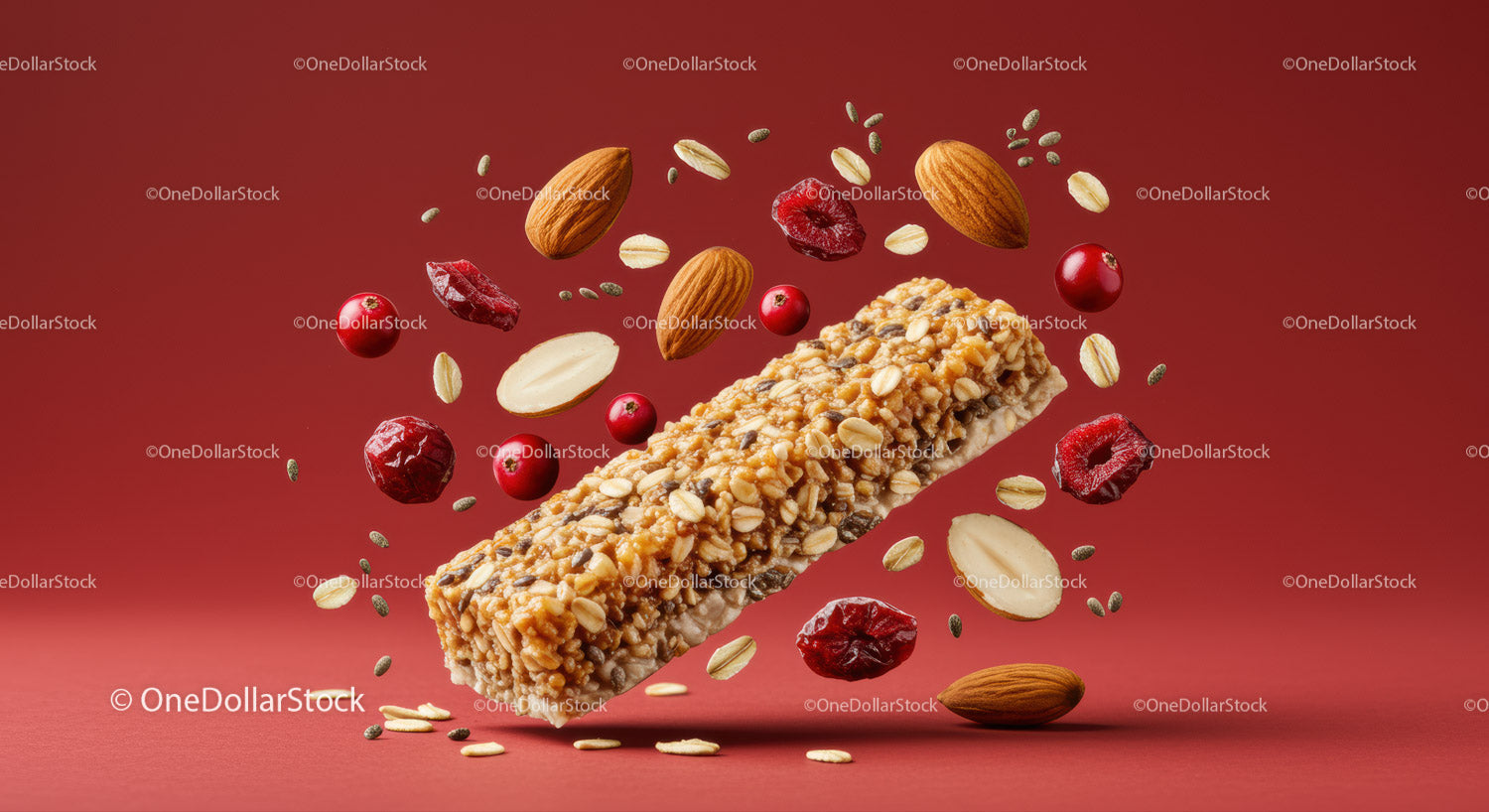 Batonik granola z migdałami i żurawiną na czerwonym tle