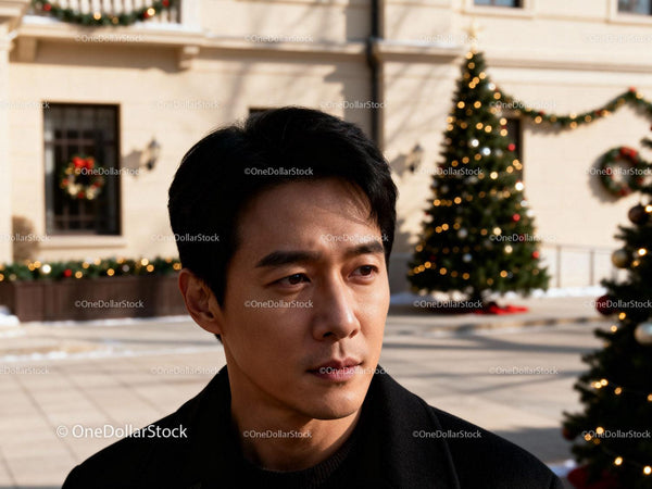 Thoughtful man outdoors with festive Christmas decorations