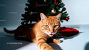 Ginger Cat Near Festive Christmas Tree Decorations