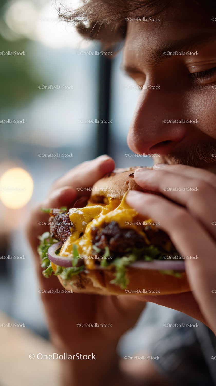 Close-up of Man Eating Juicy Cheeseburger with Melted Cheese and Fresh Lettuce