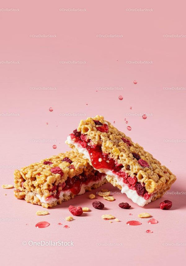 Berry and Yogurt Cereal Bars on Soft Pink Background