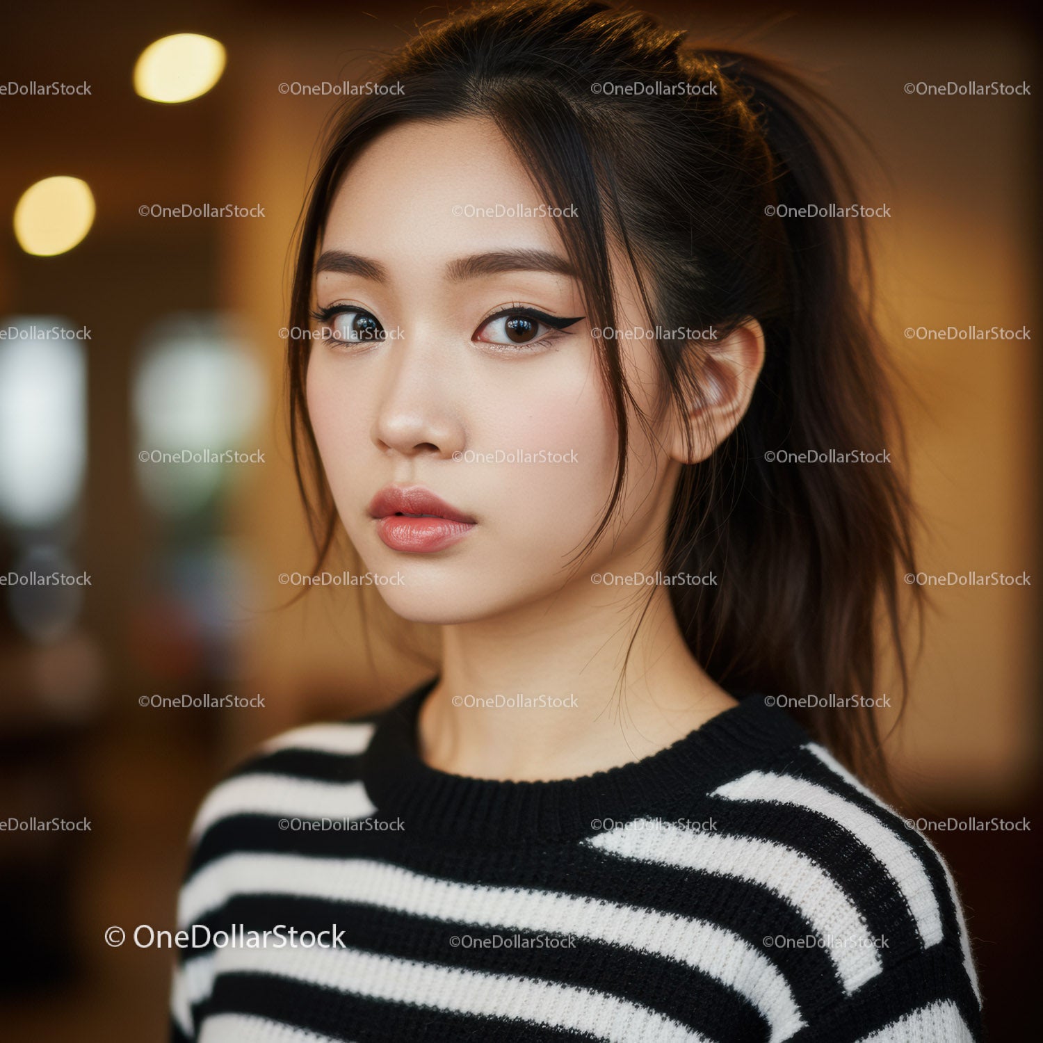 Portrait of a Stylish Young Woman with Winged Eyeliner and Brown Hair