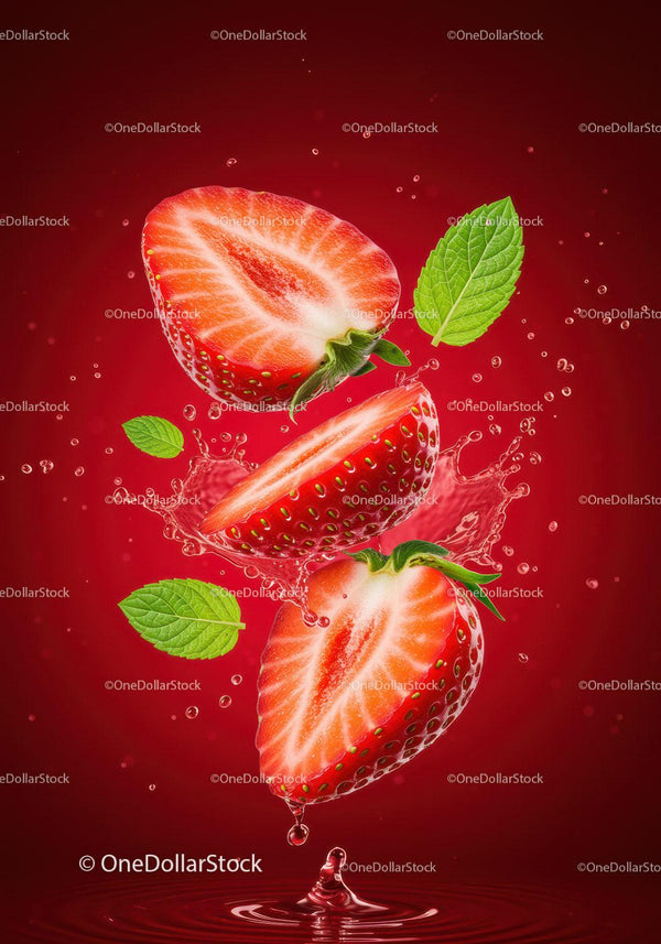 Fresh strawberry halves splashing in water with mint leaves