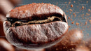 Flying Coffee Beans in Motion on a Dark Background