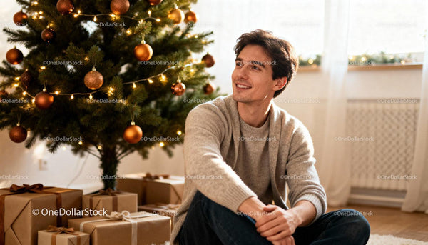 Smiling man relaxing near decorated Christmas tree