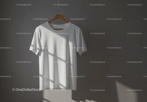 Minimalist white t-shirt hanging with natural light shadows JPG Mockup Image