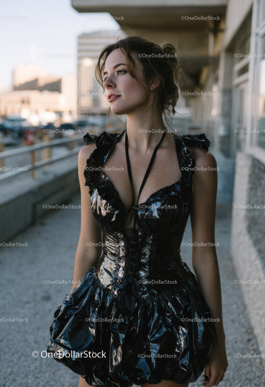Stylish Woman in Black Ruffled Dress Against City Cityscape
