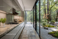 Modern Kitchen with Floor-to-Ceiling Glass Walls Overlooking Serene Garden