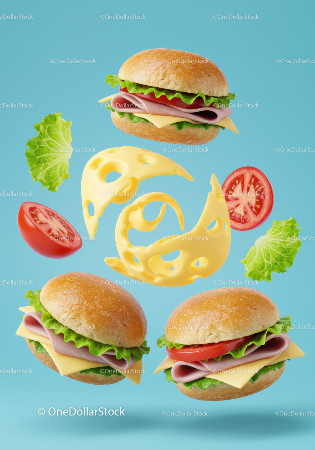Floating ham sandwiches with fresh ingredients on blue