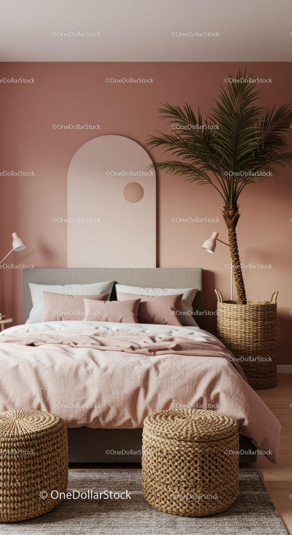 Elegancka sypialnia z różową pościelą i doniczną palmą