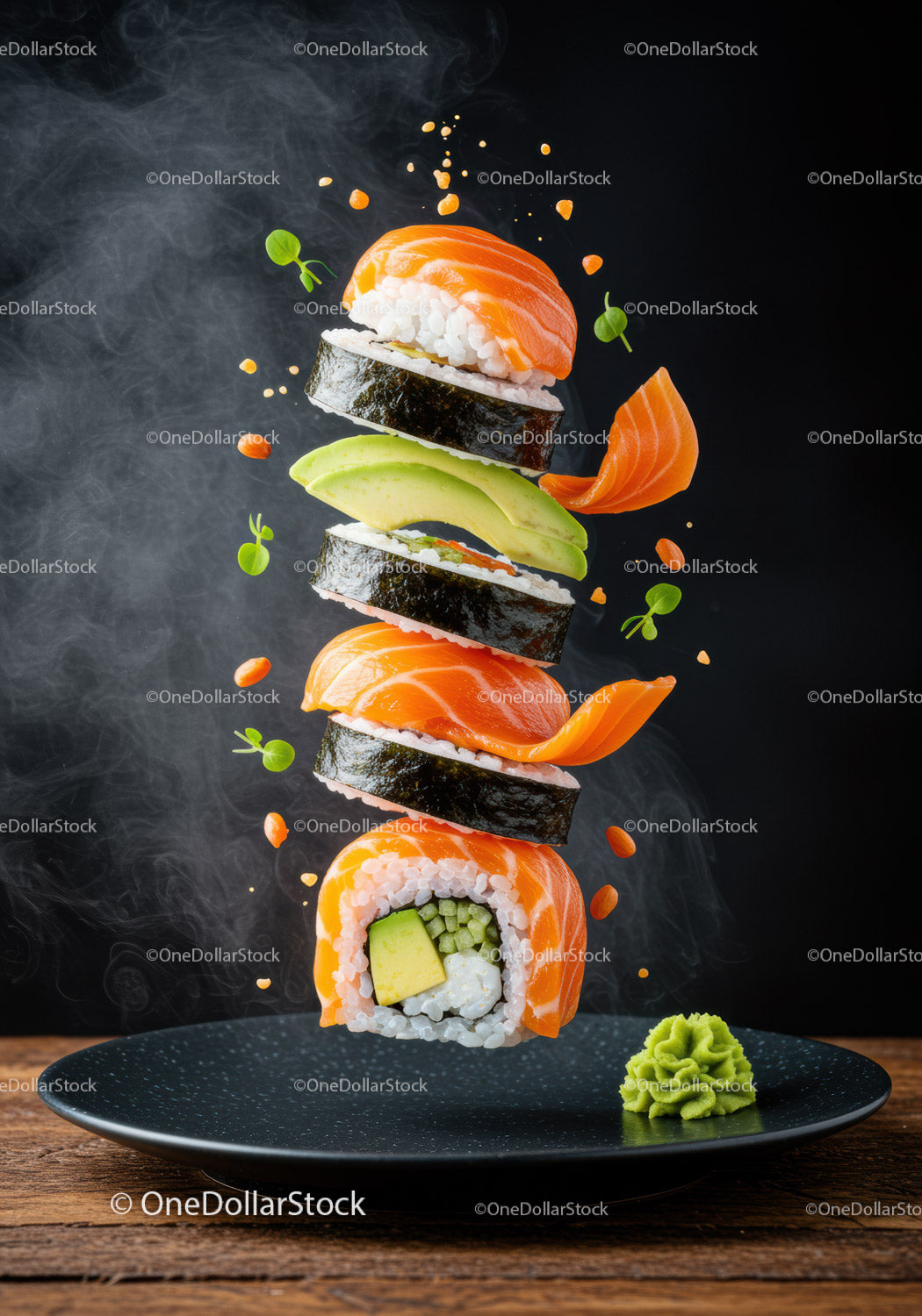 Sushi w rolce z dekonstruowanym łososiem ze świeżymi składnikami