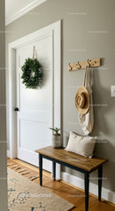 Elegant Home Entryway with Greenery Wreath and Wooden Bench